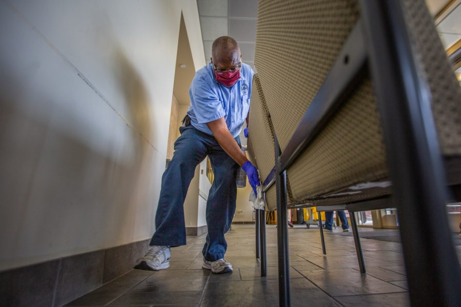 Facilities cleaning in Psychology auditorium, 2020 (FSU Photography Services/Bruce Palmer)