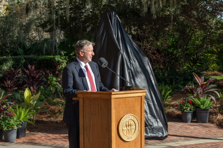 FSU President Richard McCullough addresses attendees at the dedication ceremony for President Emeritus John Thrasher on Saturday, Nov. 19, 2022, at Westcott Plaza. (FSU Photography Services)