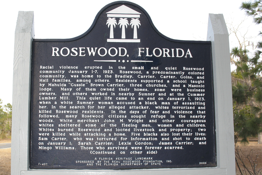 A state historical marker about the Rosewood massacre. (George Lansing Taylor Jr./University of North Florida)