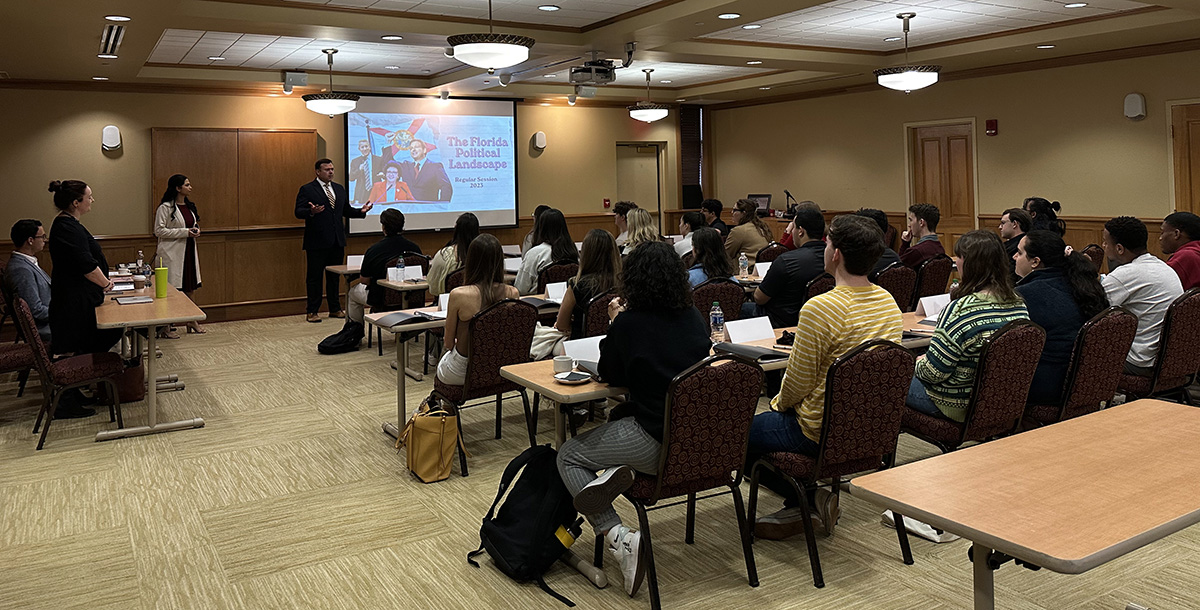 Chief Legislative Affairs Officer Clay Affairs speaks to students during the FSU Legislative Internship Program bootcamp. 