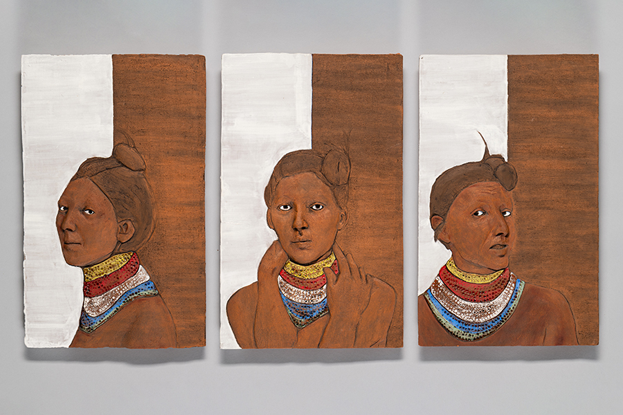 Jessica Osceola (Seminole/Irish, b. 1984), "Portrait One, Portrait Two, and Portrait Three," 2017, bas-relief ceramic, 20 × 38 × 13/16 in. Collection of The John & Mable Ringling Museum of Art, Florida State University, purchased with the support of Daniel J. Denton Florida Art Acquisition Fund, 2022. 2022.8.3. Courtesy of the artist and The John & Mable Ringling Museum of Art.