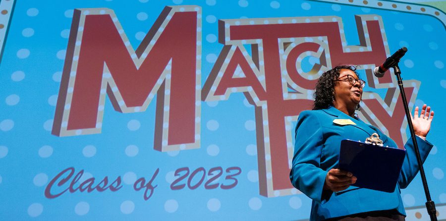 Dr. Alma Littles, interim dean of the College of Medicine, welcomes fourth-year medical students to the annual Match Day on March 17, 2023, at Ruby Diamond Concert Hall. (Photo by Colin Hackley)