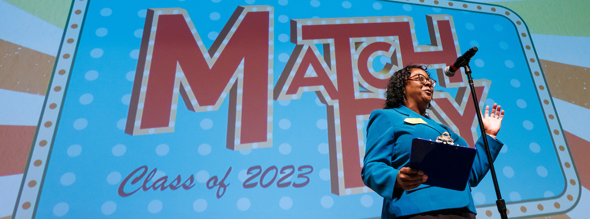 Dr. Alma Littles, interim dean of the College of Medicine, welcomes fourth-year medical students to the annual Match Day on March 17, 2023, at Ruby Diamond Concert Hall. (Photo by Colin Hackley)