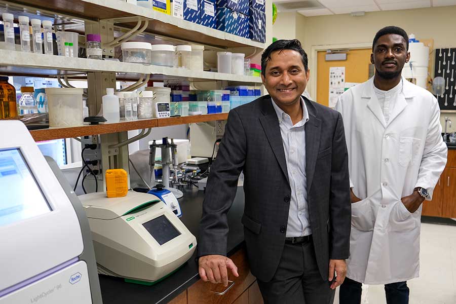 Assistant Professor Prashant Singh and graduate student Samuel Kwawukume collaborated with seafood industry representatives to develop a quick and cost-effective authenticity test to identify Atlantic white shrimp.