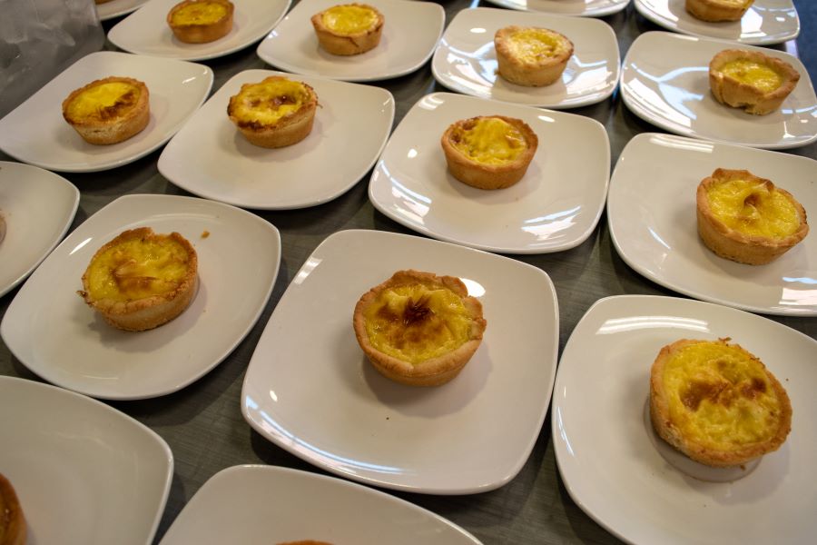 The egg tart is a custard tart derived from the English custard tart and the Portuguese pastel de nata. It consists of an outer pastry crust filled with egg custard. The egg tart also originated in the Guangdong province of China. (Seamus Toner, FSU Center for Global Engagement) 