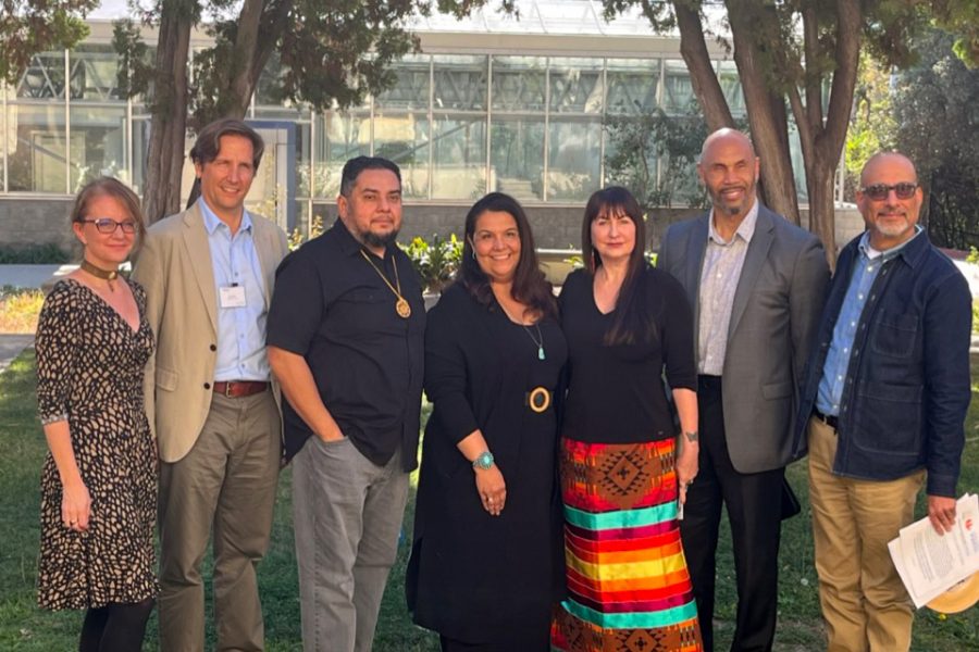 The Forgotten Canopy co-organizers Stella Nair and Paul Niell; Fernandeno Tatavium Tribal President, Rudy Ortega, Jr.; Gabrielino Tongva Community Outreach Coordinator Mona Morales Recalde; director of the American Indian Studies Center at UCLA Shannon Speed; UCLA Executive Vice Chancellor and Provost Darnell Hunt; and Dean of Social Sciences Abel Valenzuela. Above right: Garden Pavilion, Mildred E. Mathias Botanical Garden, UCLA.