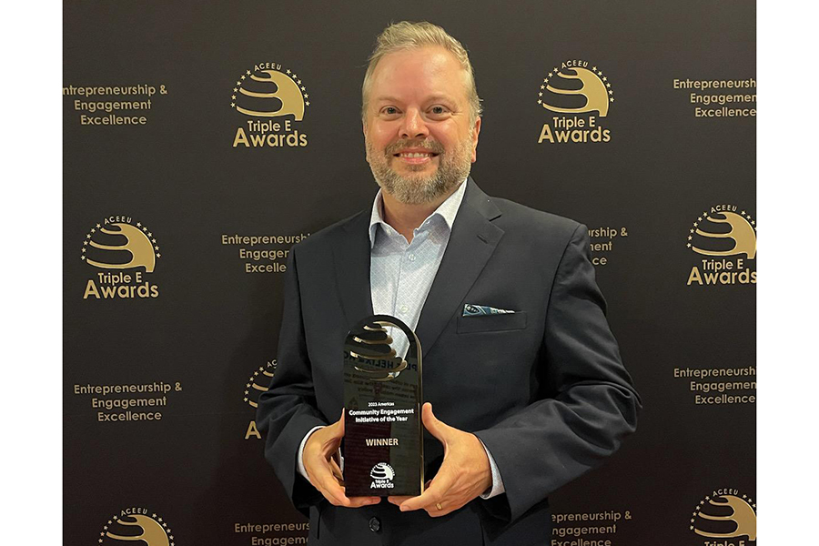 Damon Andrew, dean of the FSU College of Education, accepted the first place award for Community Engagement Initiative of the Year during the Triple E Awards Monday, June 26, in Barcelona, Spain. (FSU College of Education)