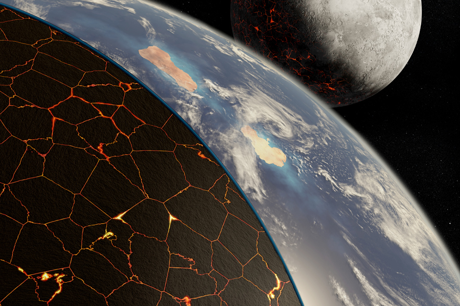 Artist rendition of stagnant lid tectonics on the early Earth, approximately 4 billion years ago. (Michael Osadciw/University of Rochester)