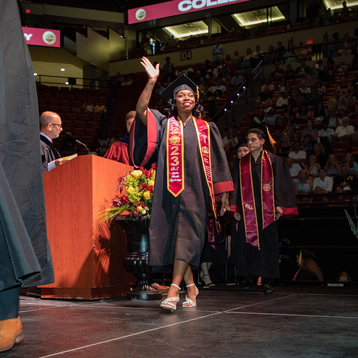 A student celebrates during summer commencement Friday, Aug. 4, 2023, at the Donald L. Tucker Civic Center. (FSU Photography Services)