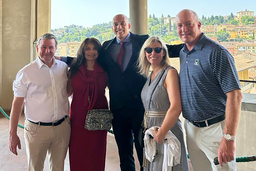 FSU President Richard McCullough, First Lady Jai Vartikar, FSU Florence Director Charles Panarella, International Programs board member Jennifer Collins and Board of Trustees Chair Peter Collins at the FSU Florence Study Center.