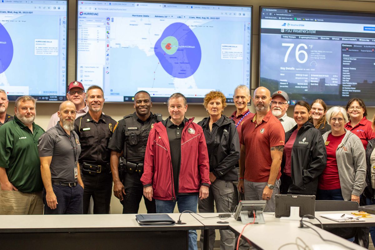 President Richard McCullough visits FSU's Emergency Operations Center after Hurricane Idalia made its way through Tallahassee Wednesday, Aug. 30, 2023. (Mark Vaughn/University Communications)