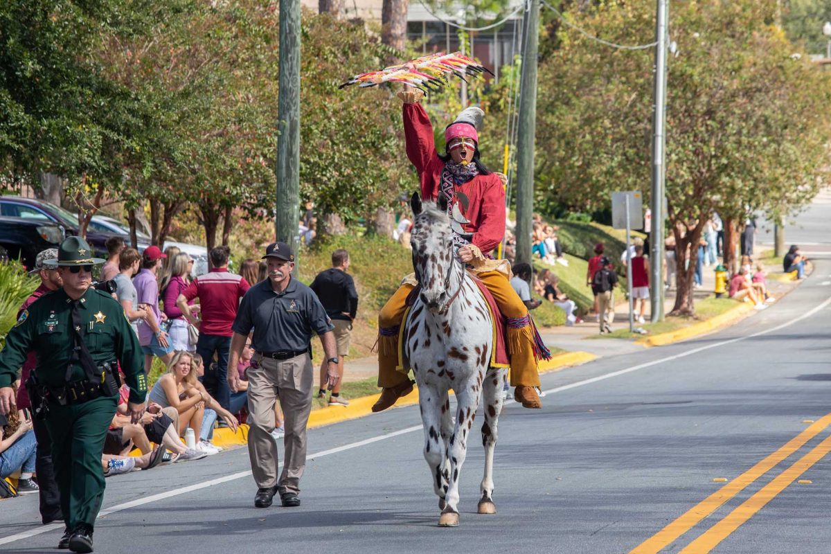 Osceola and Renegade in the FSU Homecoming Parade, Oct. 20, 2023. (FSU Photography Services) 