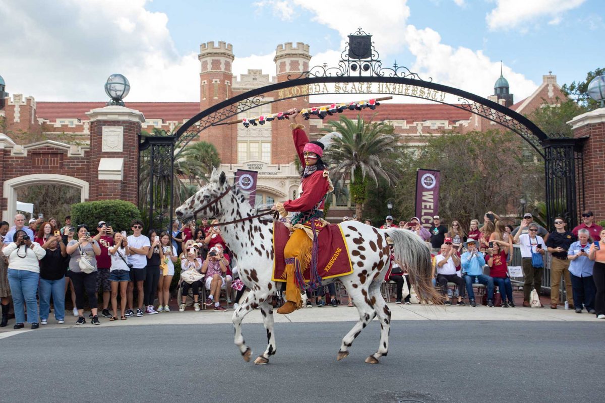 Osceola and Renegade in the FSU Homecoming Parade, Oct. 20, 2023. (FSU Photography Services) 