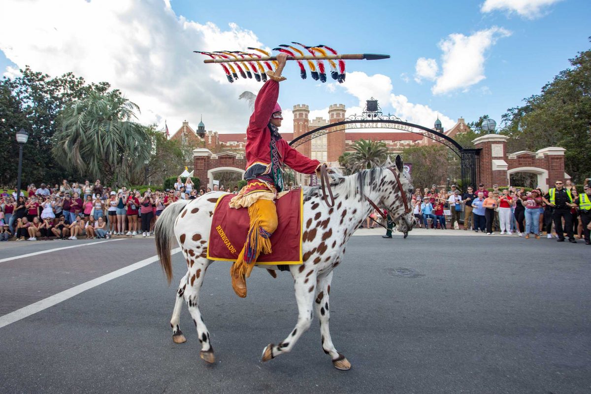 Osceola and Renegade in the FSU Homecoming Parade, Oct. 20, 2023. (FSU Photography Services) 