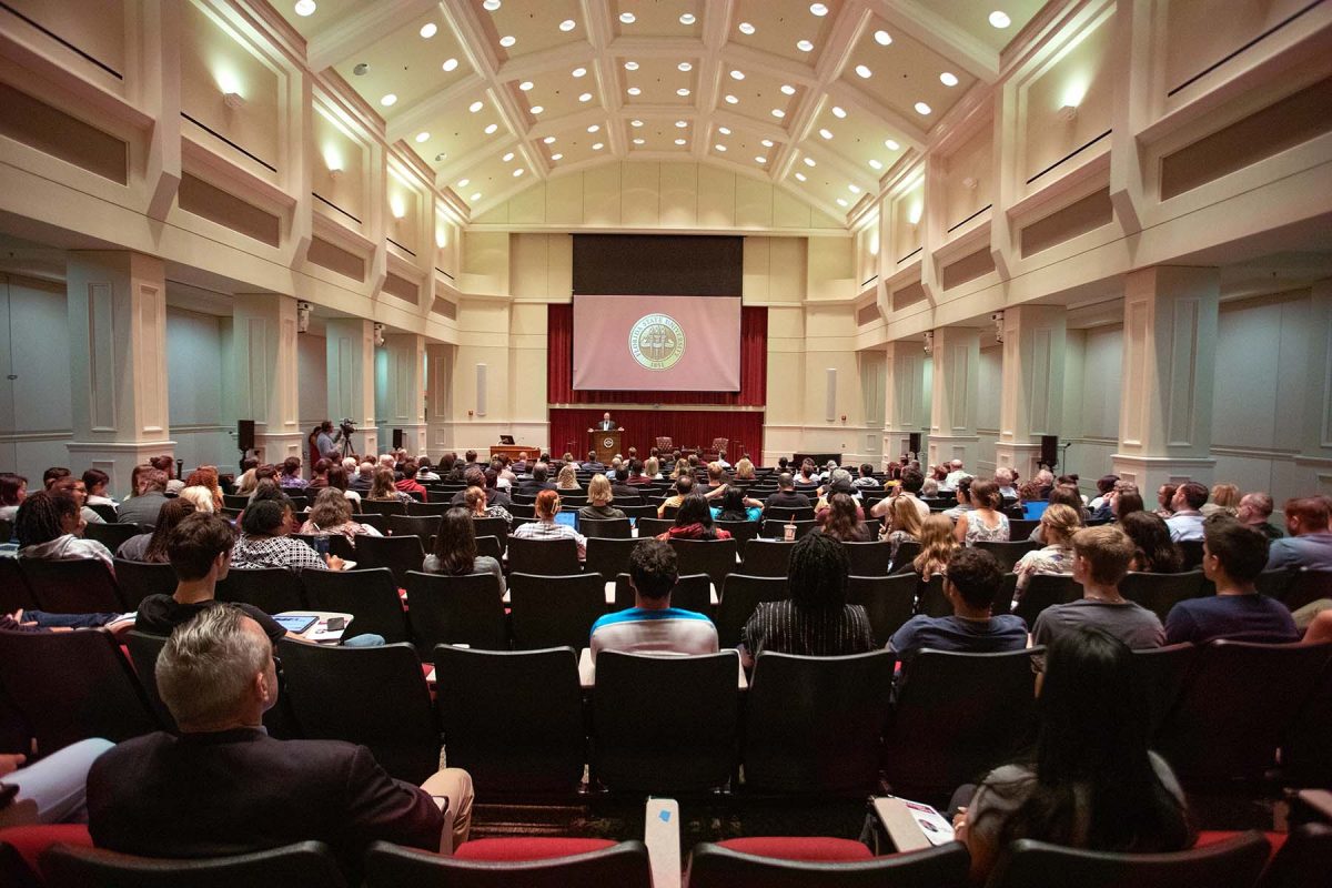 FSU President Richard McCullough introduced Dr. Q to the audience at the College of Medicine for a presidential symposium on Monday, Oct. 2. (FSU Photography Services)