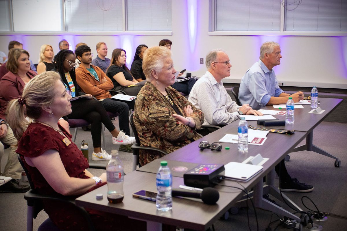 The three judges – Amy Recht, David Lane and Chris Rumana - at the FSU Discovery Challenge event on Wednesday, Oct. 4, 2023. (FSU Photography Services)