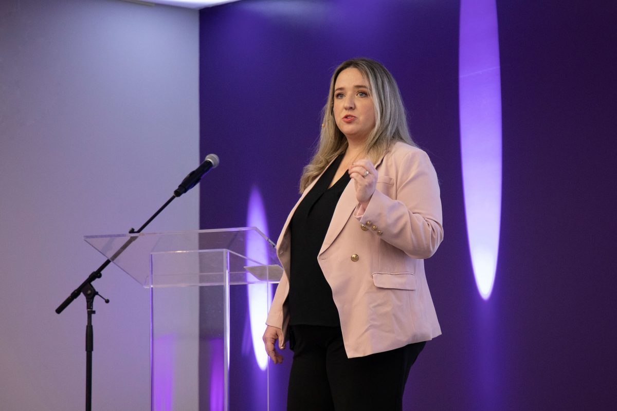 In addition to winning the second place prize of $25,000, Rebekah Sweat won the People's Choice award for $10,000 at the FSU Discovery Challenge event on Wednesday, Oct. 4, 2023. (FSU Photography Services)