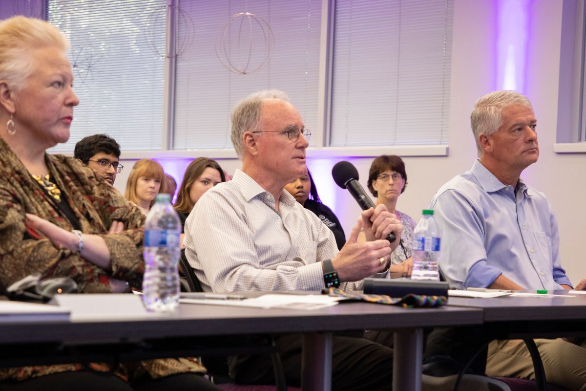 The three judges – Amy Recht, David Lane and Chris Rumana - at the FSU Discovery Challenge event on Wednesday, Oct. 4, 2023. (FSU Photography Services)