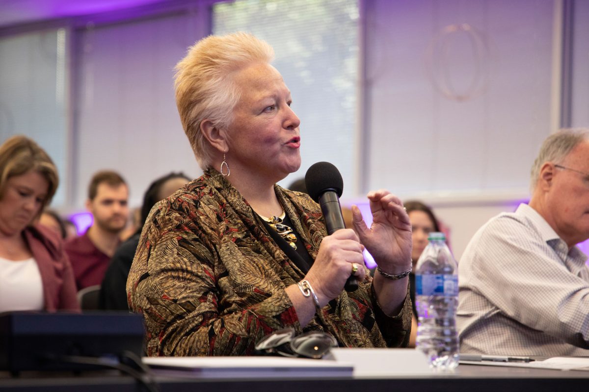 Judge Amy Recht gives feedback and asks questions following a presentation at the FSU Discovery Challenge event on Wednesday, Oct. 4, 2023. (FSU Photography Services)