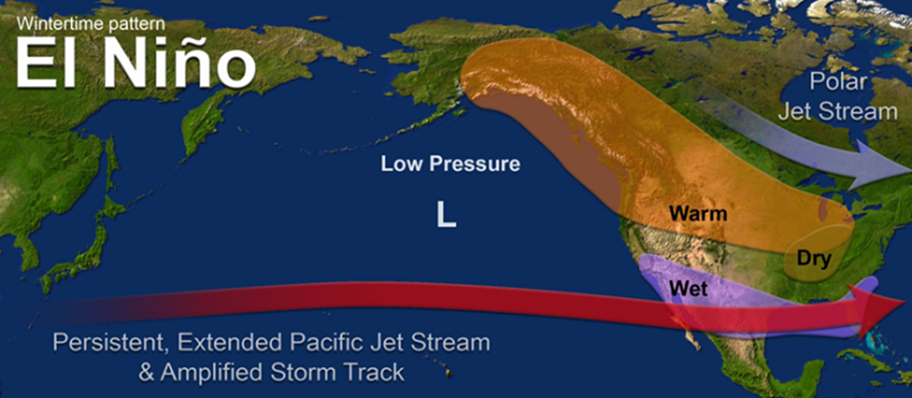 During an El Niño event, warm ocean waters in the central and eastern Pacific Ocean alter atmospheric circulation patterns and affect weather systems worldwide. (NOAA)