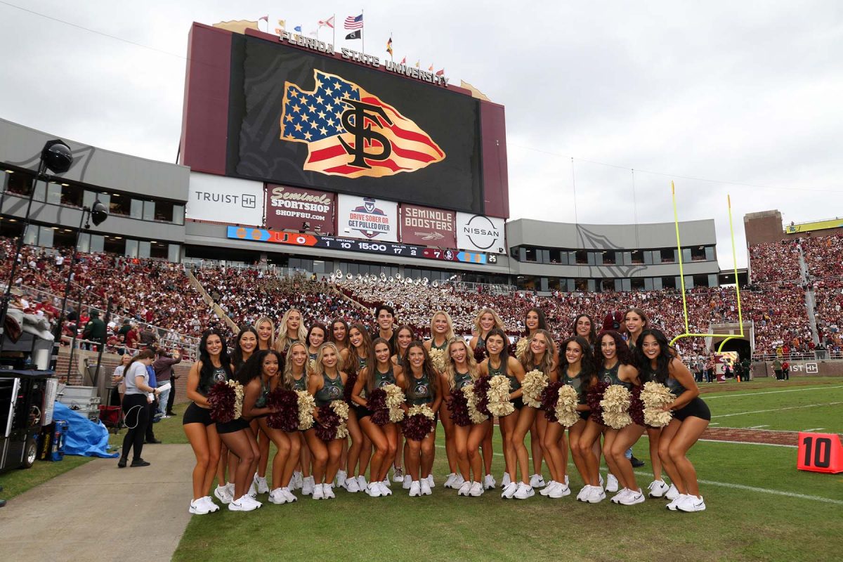 The FSU Golden Girls wore a special camouflage uniform to honor veterans during the Military Appreciation Game on Nov. 11, 2023. (Ryals Lee, FSU Athletics Photography)