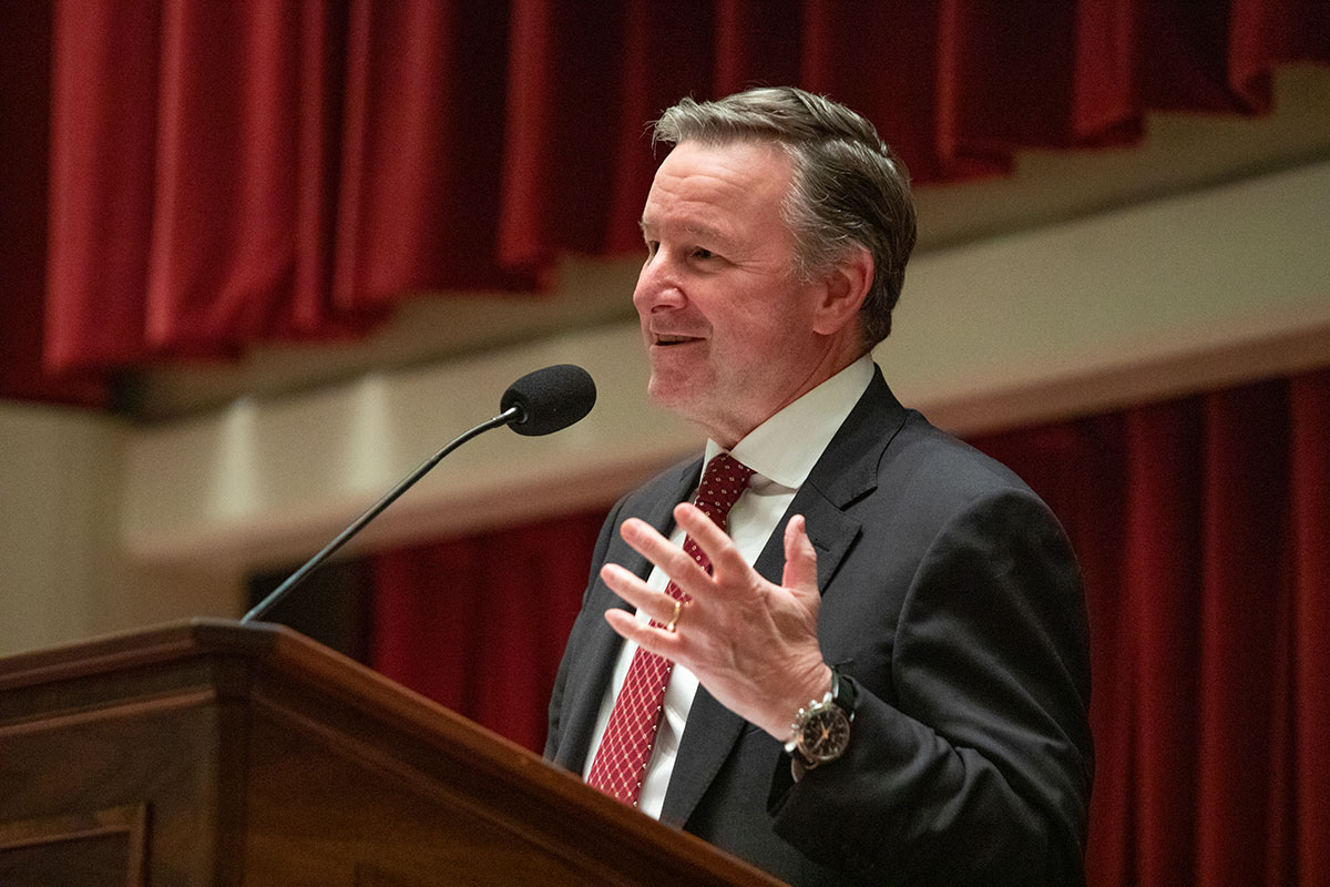 President Richard McCullough delivers the annual State of the University address at the College of Medicine's Durell Peaden Auditorium on Wednesday, Nov. 29, 2023. (Bill Lax/FSU Photography Services)