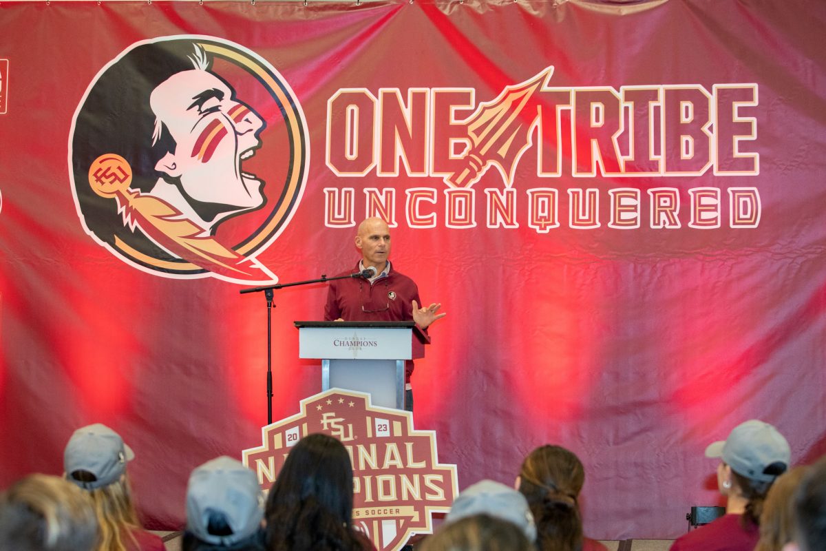 Florida State Women's Soccer head coach Brian Pensky speak at the championship ceremony held at the FSU Champions Club, Dec. 5, 2023. (FSU Photography)