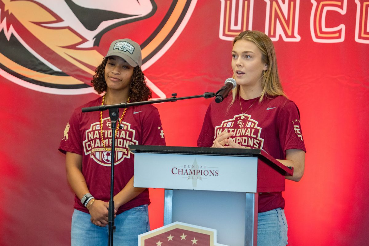 Florida State Women's Soccer team players Leilanni Nesbeth and Beata Olsson speak at the championship ceremony held at the FSU Champions Club, Dec. 5, 2023. (FSU Photography)