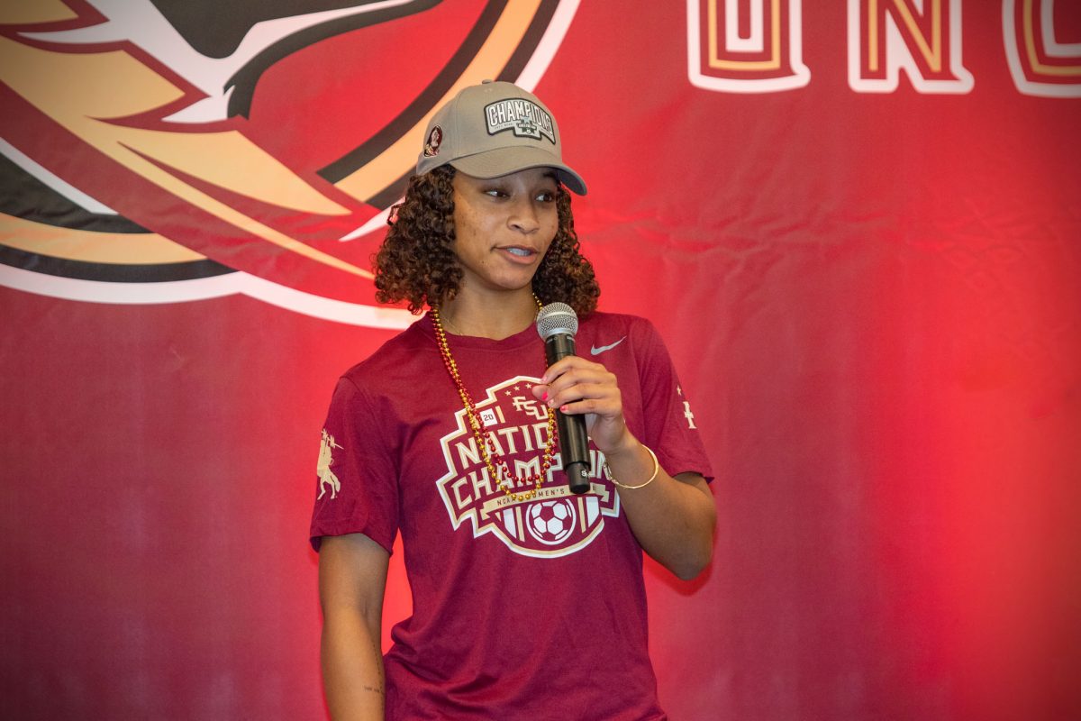 Florida State Women's Soccer team player Leilanni Nesbeth speaks at the championship ceremony at the FSU Champions Club, Dec. 5, 2023. (FSU Photography)