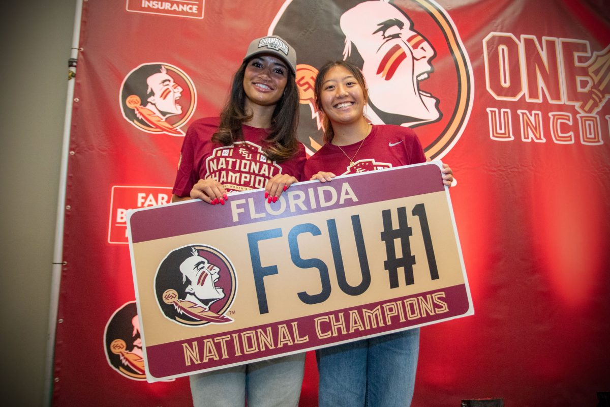 Florida State Women's Soccer team member Mimi Van Zanten and Ran Iwai pose at the championship ceremony at the FSU Champions Club, Dec. 5, 2023. (FSU Photography)