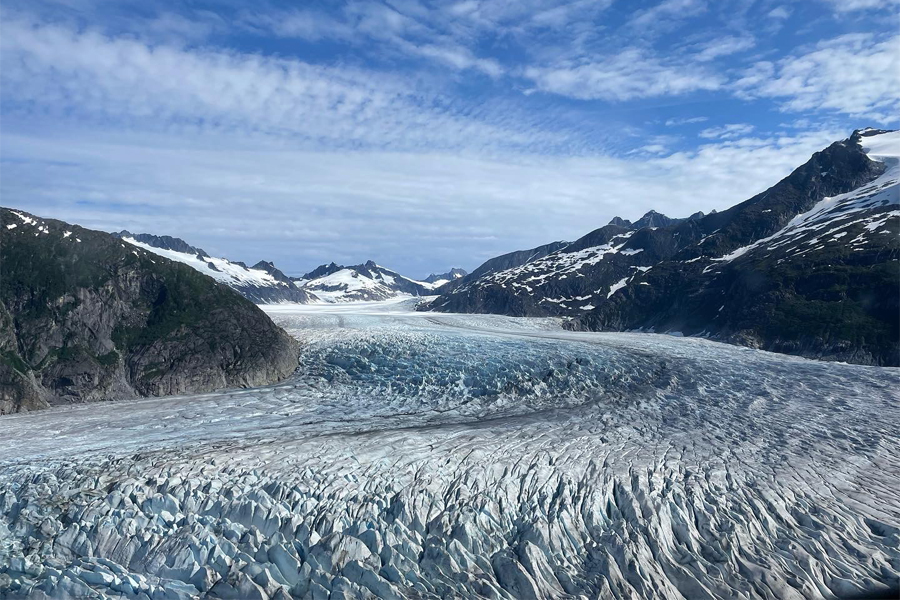  Mendenhall Glacier is located in southeast Alaska and served as one of the sampling sites for postdoctoral scholar Amy Holt's research. At more than 13 miles long, the glacier is a popular tourist destination for those who visit Juneau. (Courtesy of Amy Holt)