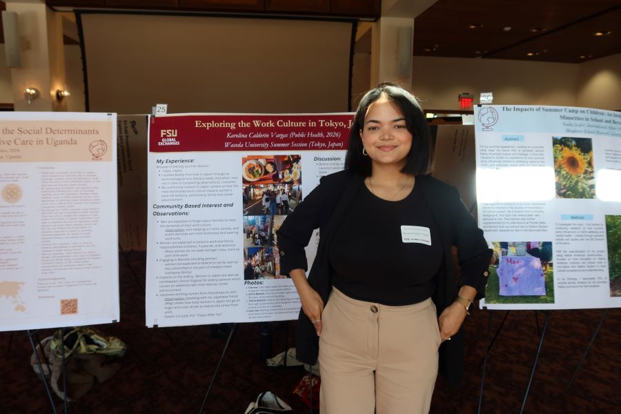 Karolina Calderin Vargas, a junior pursuing a degree in public health, presented her project “Exploring the Work Culture in Tokyo, Japan” at the showcase. (Brittany Mobley/Undergraduate Studies)