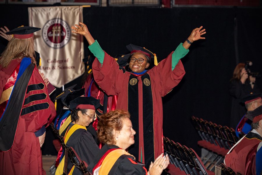 During the summer 2025 Doctoral Hooding Ceremony, Florida State University awarded 2,855 degrees, including 183 doctoral degrees. The celebration took place Friday, Aug. 1, 2025, at the Donald L. Tucker Civic Center, with roughly 1,850 graduates participating in person. (FSU Photography)