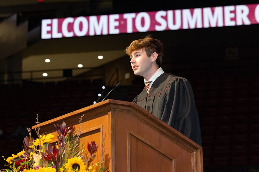 Student Body President Carson Dale offers words of encouragement to the graduates during one of FSU's summer commencement ceremonies Friday, Aug. 1, 2025, at the Donald L. Tucker Civic Center. (FSU Photography)