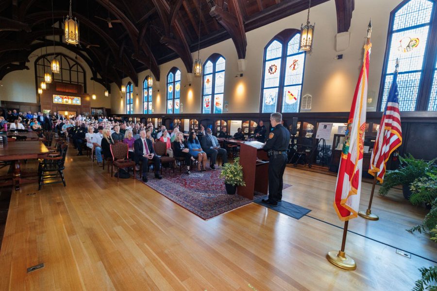 Friends and colleagues gather in honor of FSUPD Chief Jason Trumbower during his official swearing-in ceremony on Tuesday, Aug. 12, 2025. (Bill Lax/FSU Photography)