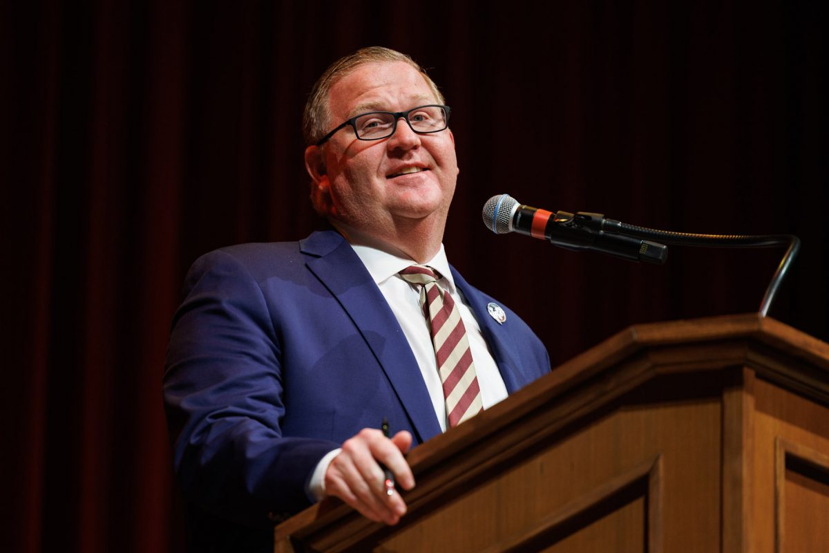 FSU Senior Vice President Kyle Clark speaks during a Celebration of Life honoring John Thrasher on Tuesday, Aug. 19, 2025, at Ruby Diamond Concert Hall. (Bill Lax/FSU Photography)