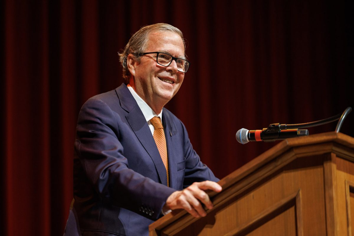 Former Florida Gov. Jeb Bush speaks during a Celebration of Life honoring John Thrasher on Tuesday, Aug. 19, 2025, at Ruby Diamond Concert Hall. (Bill Lax/FSU Photography)