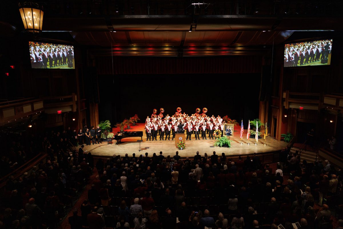 The Marching Chiefs perform at a Celebration of Life for John Thrasher on Tuesday, Aug. 19, 2025, at Ruby Diamond Concert Hall. (Bill Lax/FSU Photography)