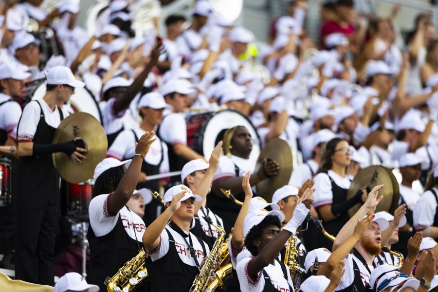 The Florida State Marching Chiefs lead the crowd as the Seminoles take on the Alabama Crimson Tide at Doak Campbell Stadium on August 30, 2025. (Matthew McConnell/Florida State University)