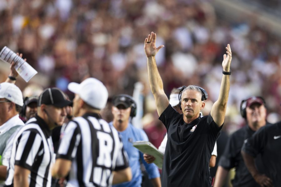 FSU head coach Mike Norvell celebrates a touchdown as the Florida State Seminoles defeat the Alabama Crimson Tide 31-17 at Doak Campbell Stadium on August 30, 2025. (Matthew McConnell/Florida State University)