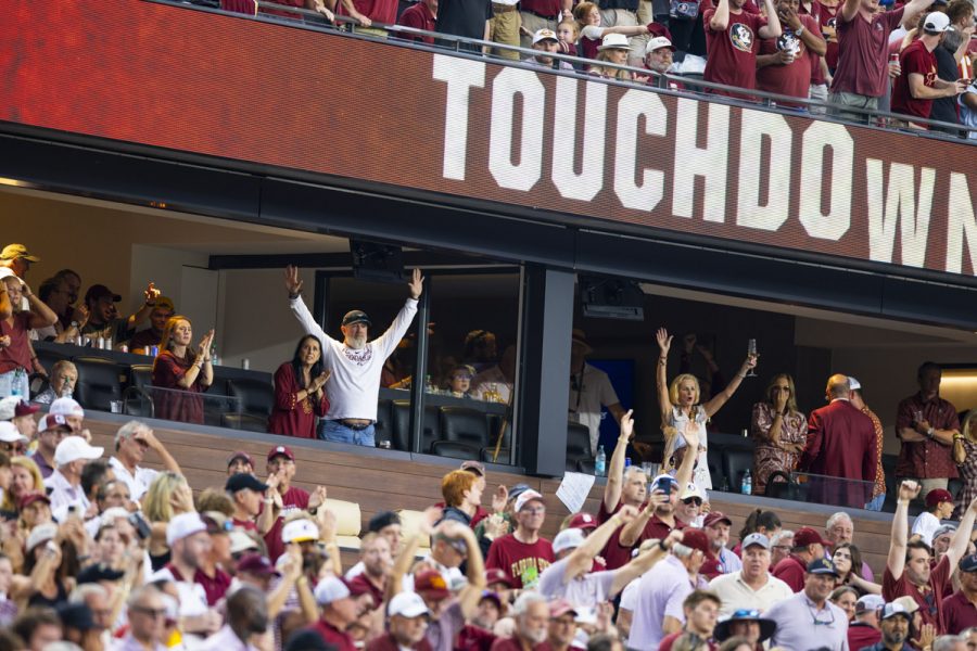 Fans celebrate a touchdown as the Florida State Seminoles defeat the Alabama Crimson Tide 31-17 at Doak Campbell Stadium on August 30, 2025. (Matthew McConnell/Florida State University)