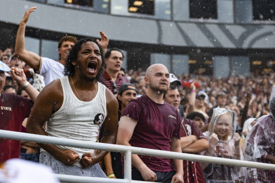 Two men in the bleachers of a football game, the one on the left celebrating