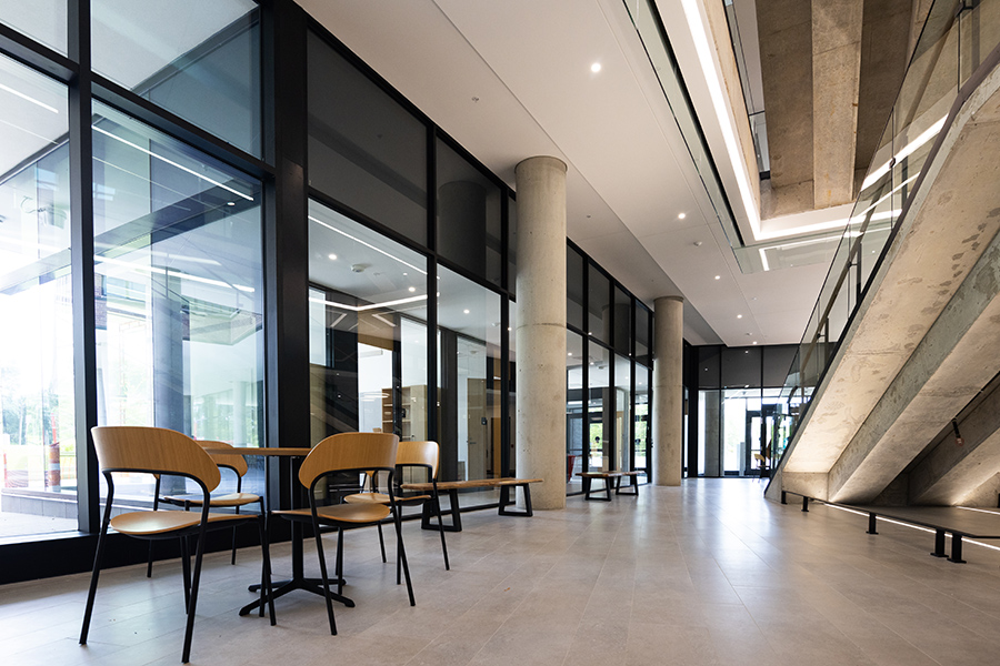 Inside of a building with windows