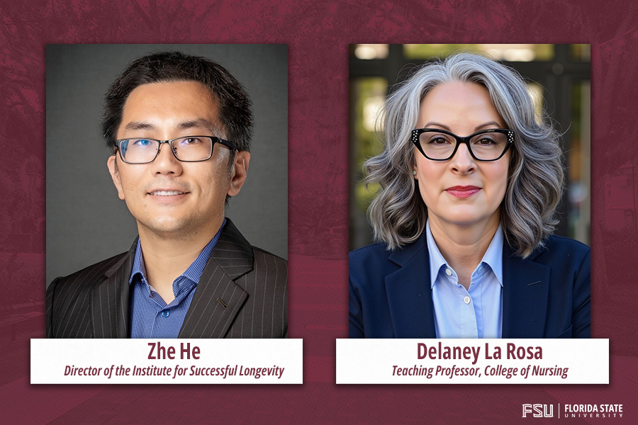 Graphic with two headshots of people and their names and titles