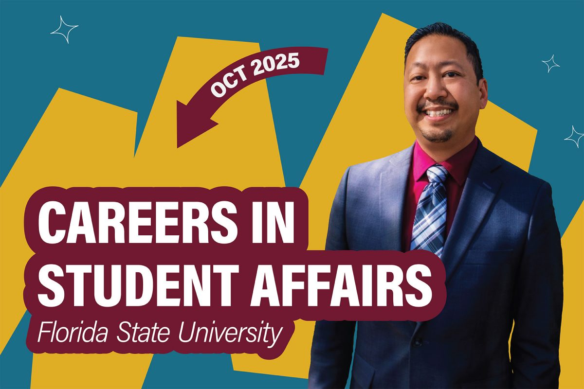 Careers in Student Affairs Florida State University graphic, with man smiling next to it