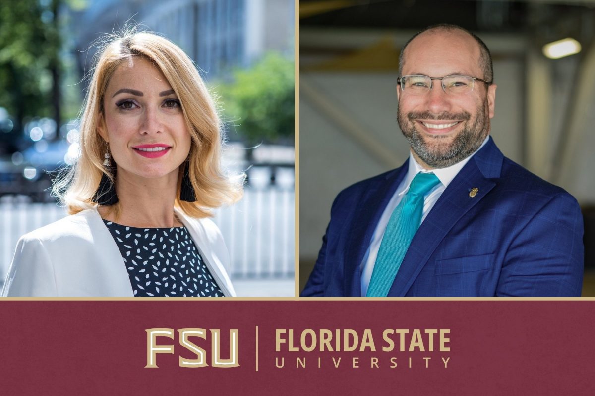 Graphic of two people's headshots with FSU logo on then bottom