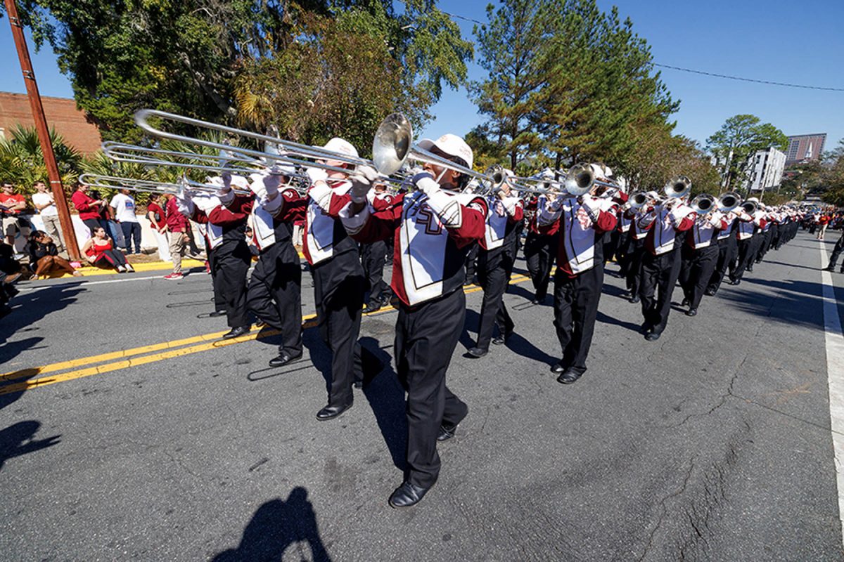 The Marching Chiefs perform in the FSU Homecoming Parade on Oct. 31, 2025. (Bill Lax/FSU Photography)