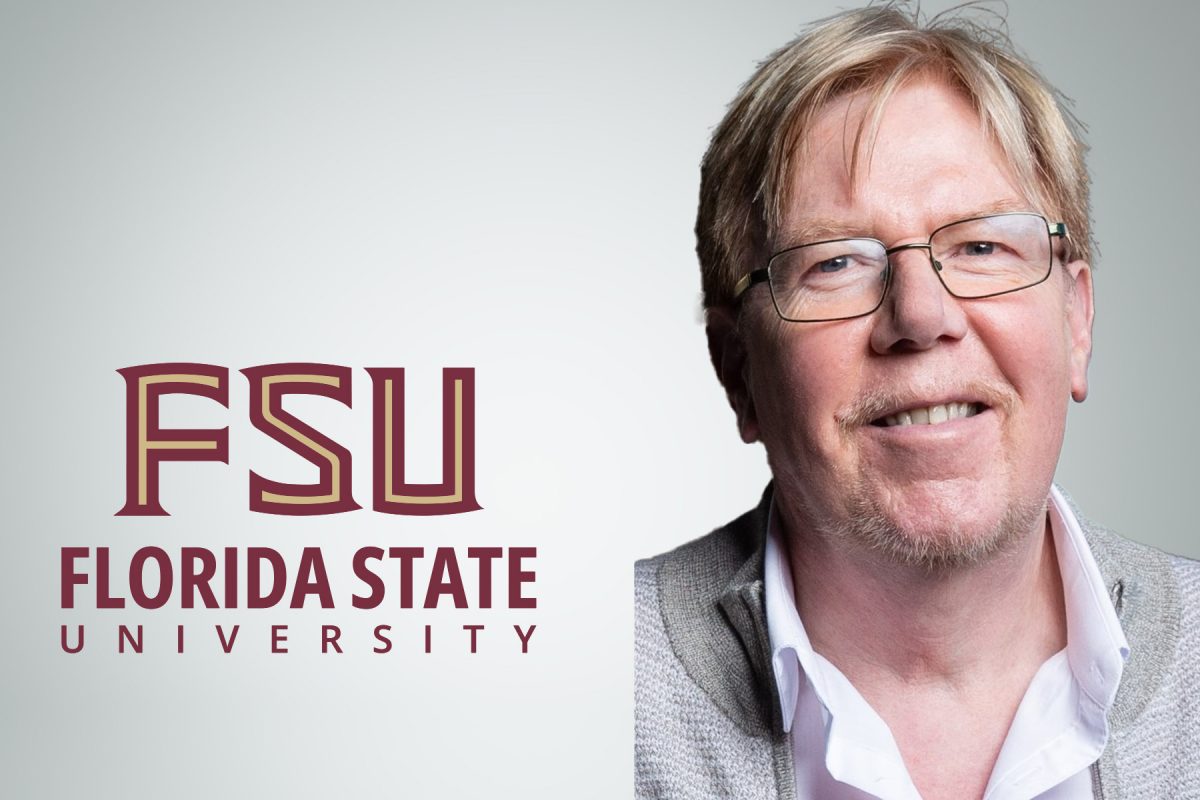 Headshot of A. Stewart Fotheringham with FSU logo graphic on the left