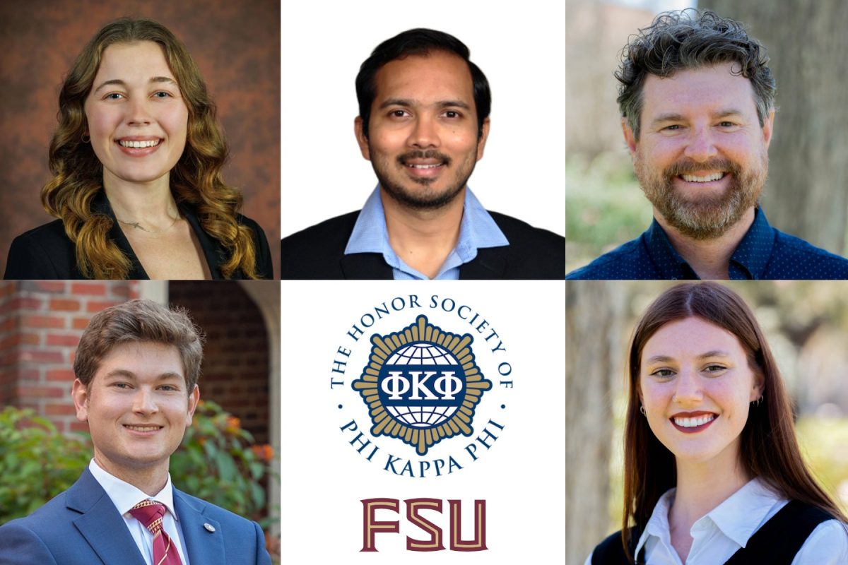 FSU PHI KAPPA PHI graphic with Lauryn Klostreich (top left), Shrikant Fulari (top center), Eddie Fordham (top right), Connor Krassel (bottom left) and Joanna Godfrey (bottom right) were recognized with national awards from the Phi Kappa Phi Honor Society.