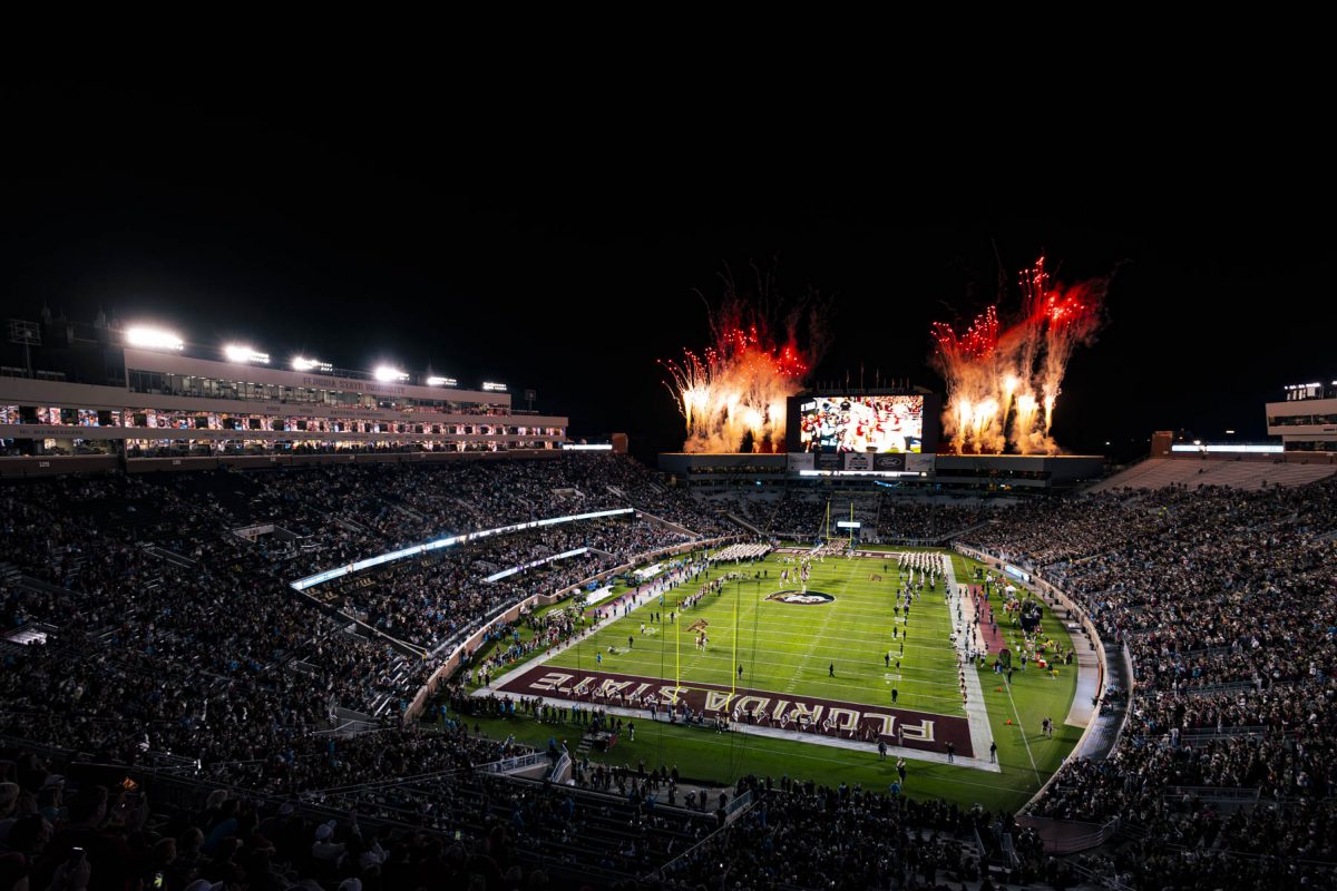 Fireworks go off during team runout at Doak Campbell Stadium